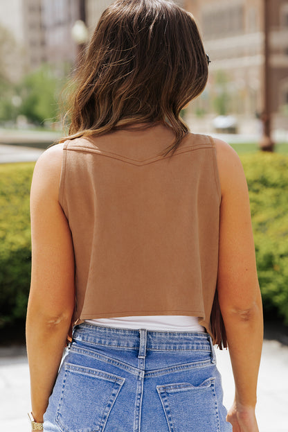 Sleeveless Snap Front Fringe Brown Cropped Western  Jacket