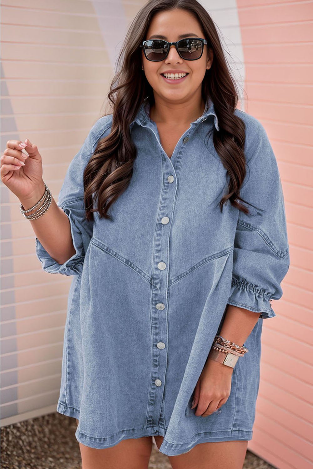 3/4 Sleeve Denim  Button-down Plus Size Dress