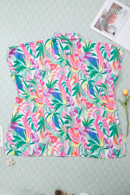 Short Sleeve Button-Front Tropical Print Beach Cover-up