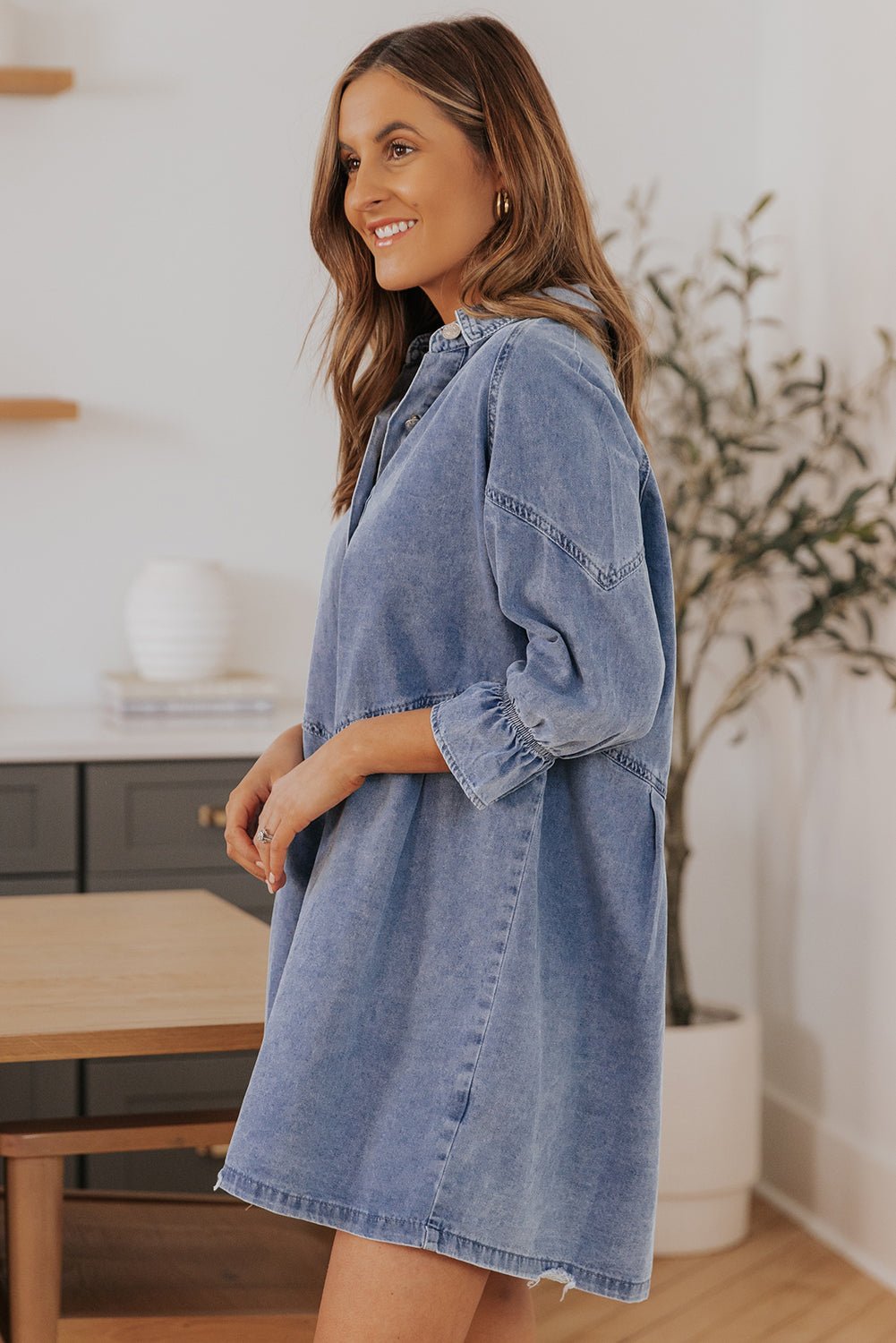 1/2 Sleeve Button-down Denim Blue Jean Mini Dress