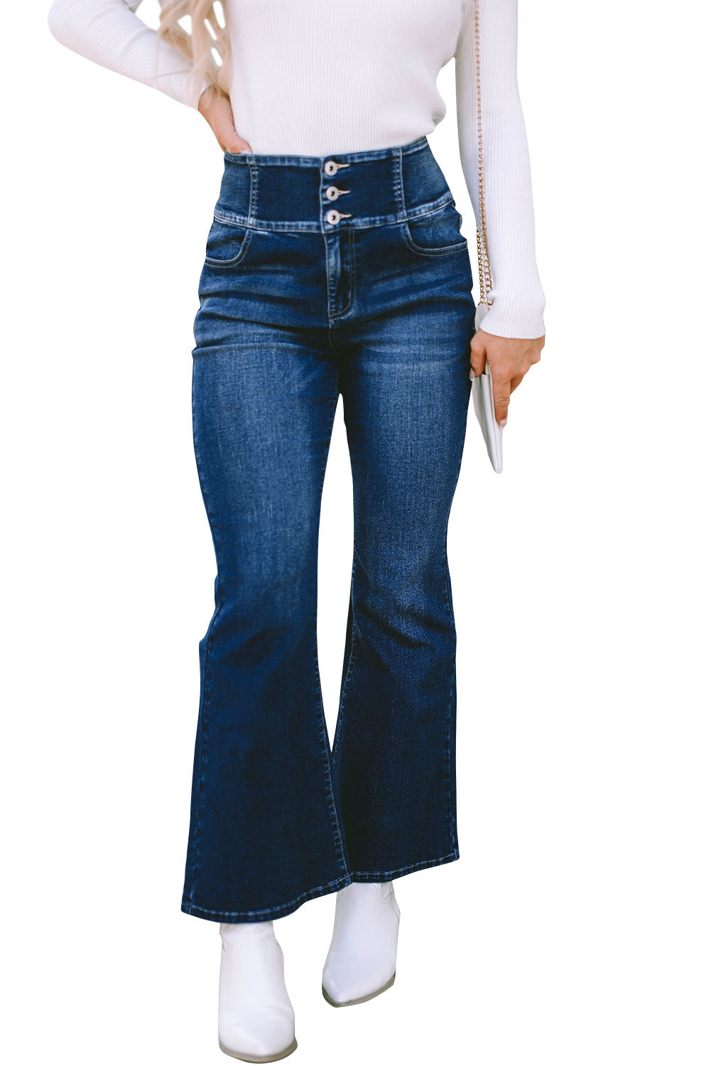 Mid Rise Flared Leg Button-Fly Blue Jeans