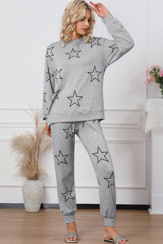 Gray Two-piece Allover Stars Print Long Sleeve Drawstring High Waist Lounge Set