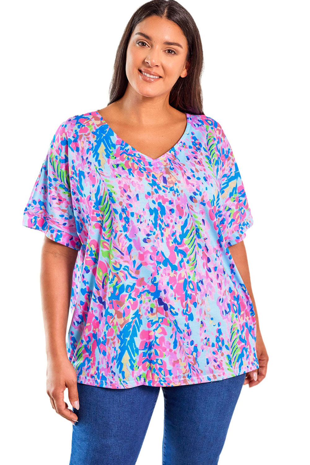 Short Sleeve V-Neck Floral Print Top