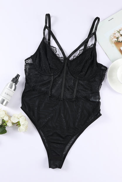 Black Allover Lace Sheer Black Bodysuit