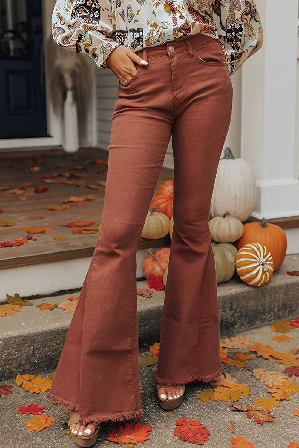 Mid-Rise Raw Hem Flare Jeans