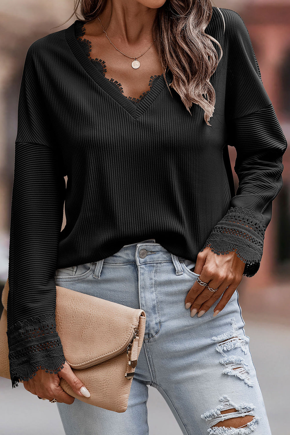 Long sleeve V-neck Ribbed Lacey Sweater