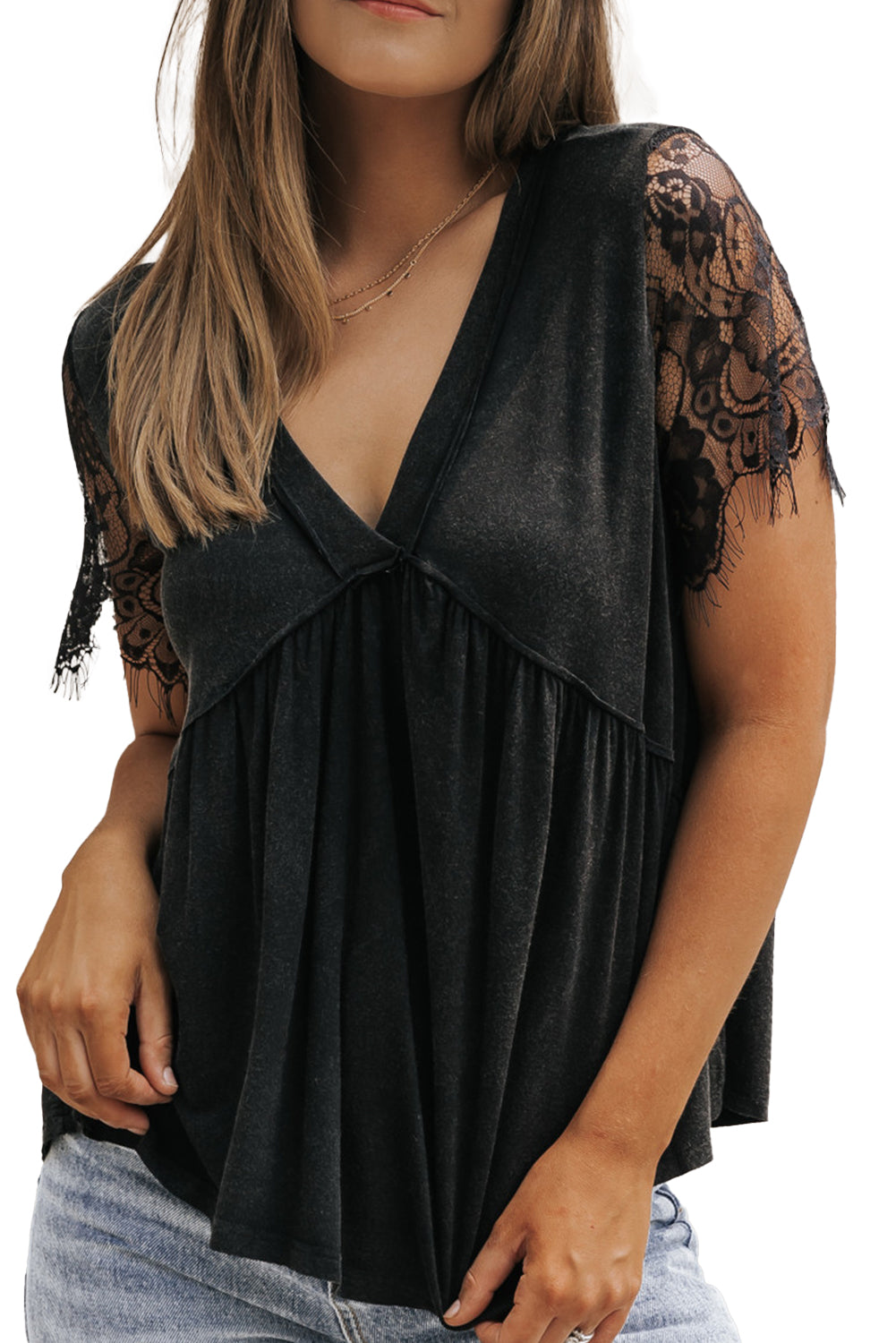 Short Sleeve V-neck Black Lacey Top