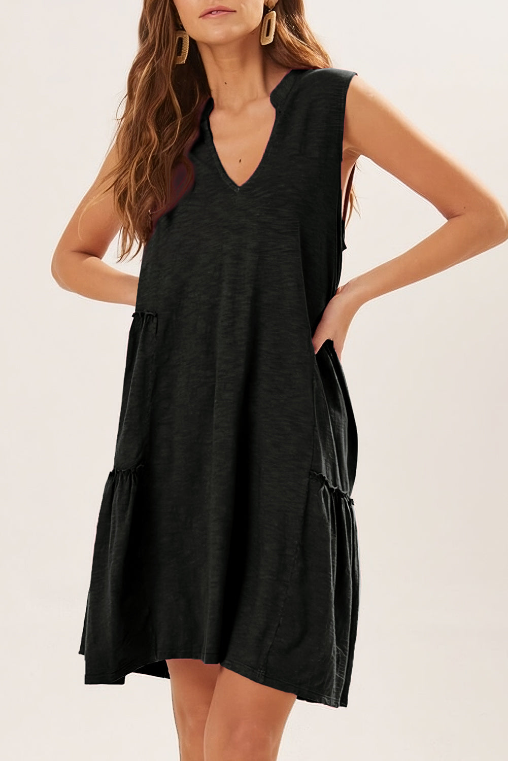 Sleeveless Split V-Neck Tiered Mini Dress