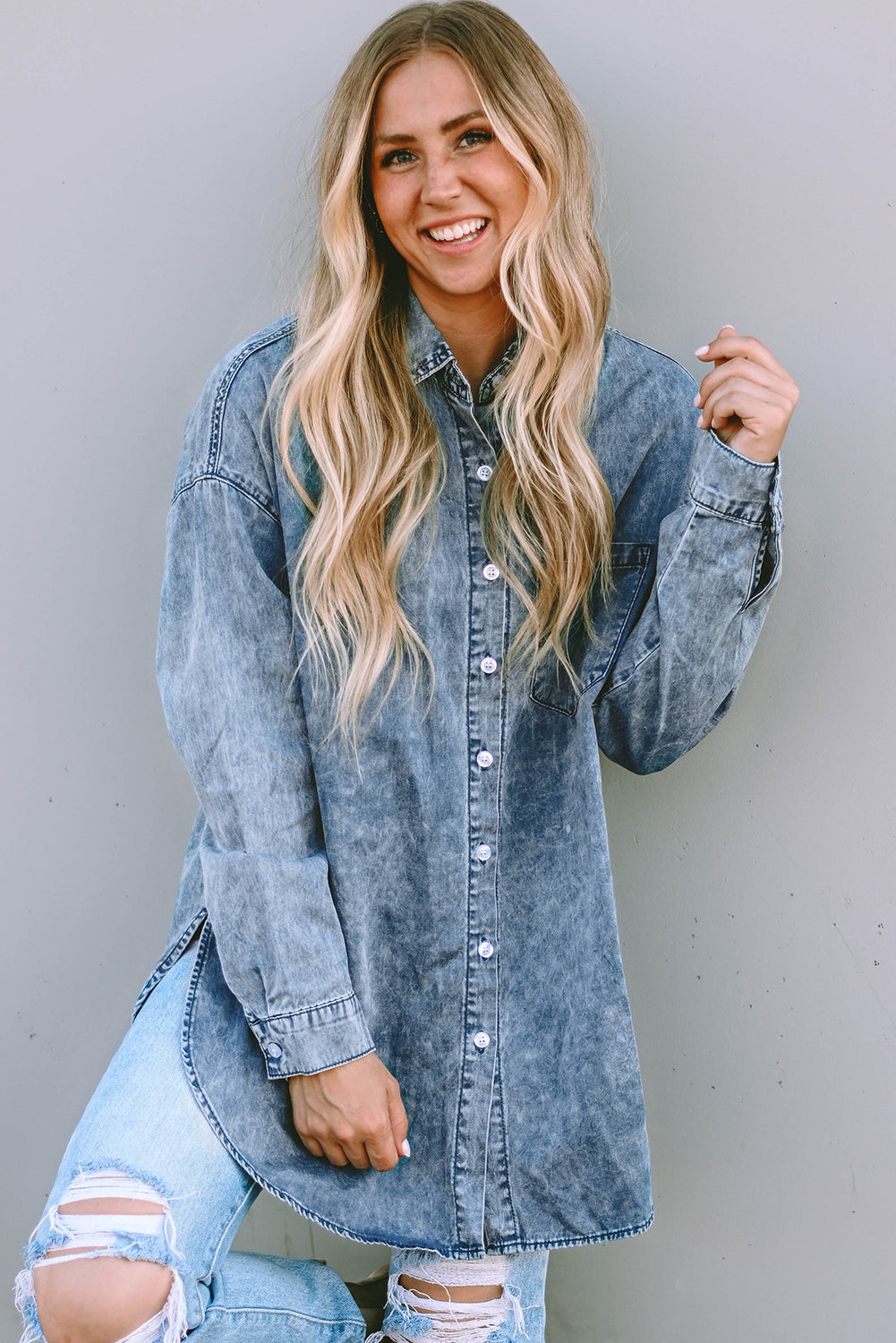 Long Sleeve Button-down Factory Faded Denim Blue Jen Shirt