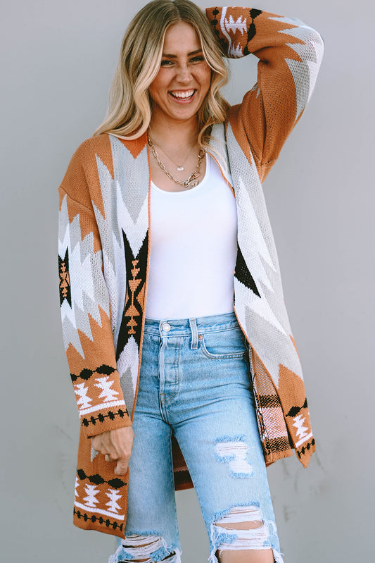 Long Sleeve Southwestern Aztec Print Long Open Front Cardigan Sweater