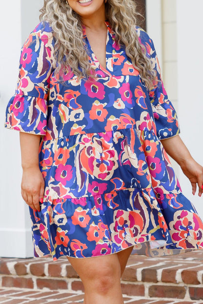 3/4 Sleeve Plus Size Floral Print Ruffled Mini Dress