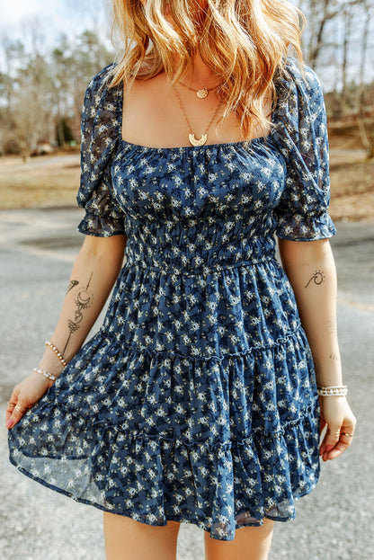 Short Sleeve Square Neck Floral Print Ruffled Mini Dress