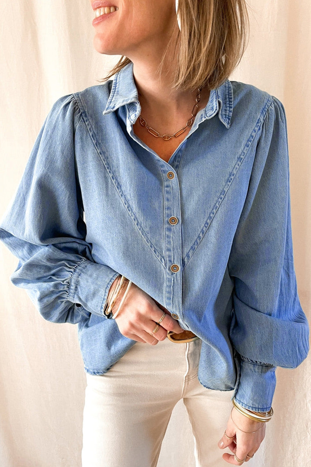 Long Sleeve Button-Down Denim Blue Jean Shirt