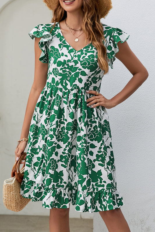 Flutter Sleeve V-Neck Floral Print Midi Dress