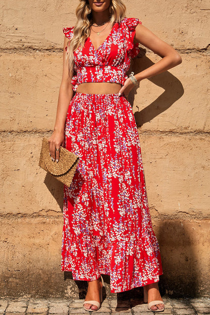 Flutter Sleeve Floral Print V-neck Maxi Skirt Set