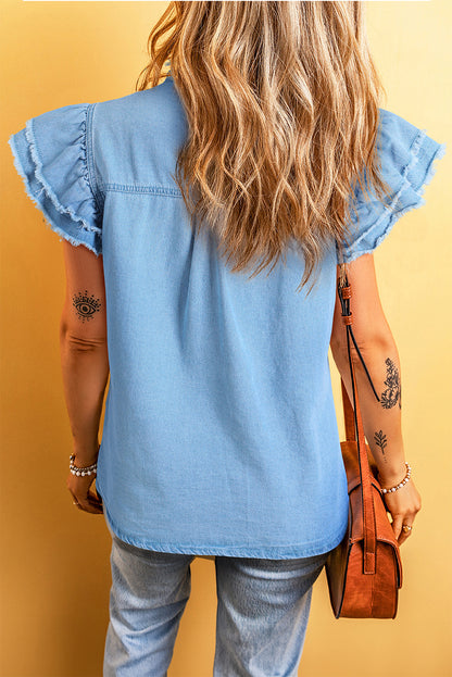 Flutter Sleeve Button-down Denim Shirt/Top