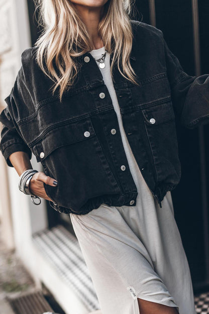 Long Sleeve Button-down Oversized Black Denim Jean Jacket