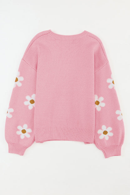 Long Sleeve Pink knit sweater with Daisies