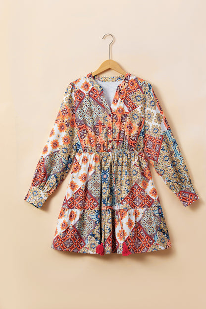 Long Sleeve Bohemian Western Print Plus Size Mini Dress