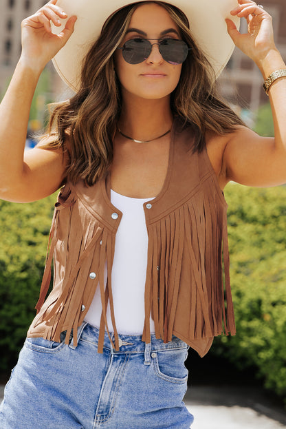 Sleeveless Snap Front Fringe Brown Cropped Western  Jacket