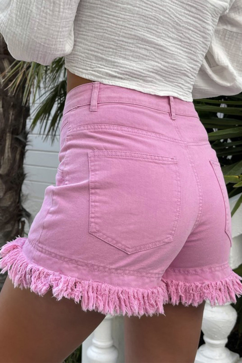 Mid Rise Raw Hem Pink Denim Jean Shorts