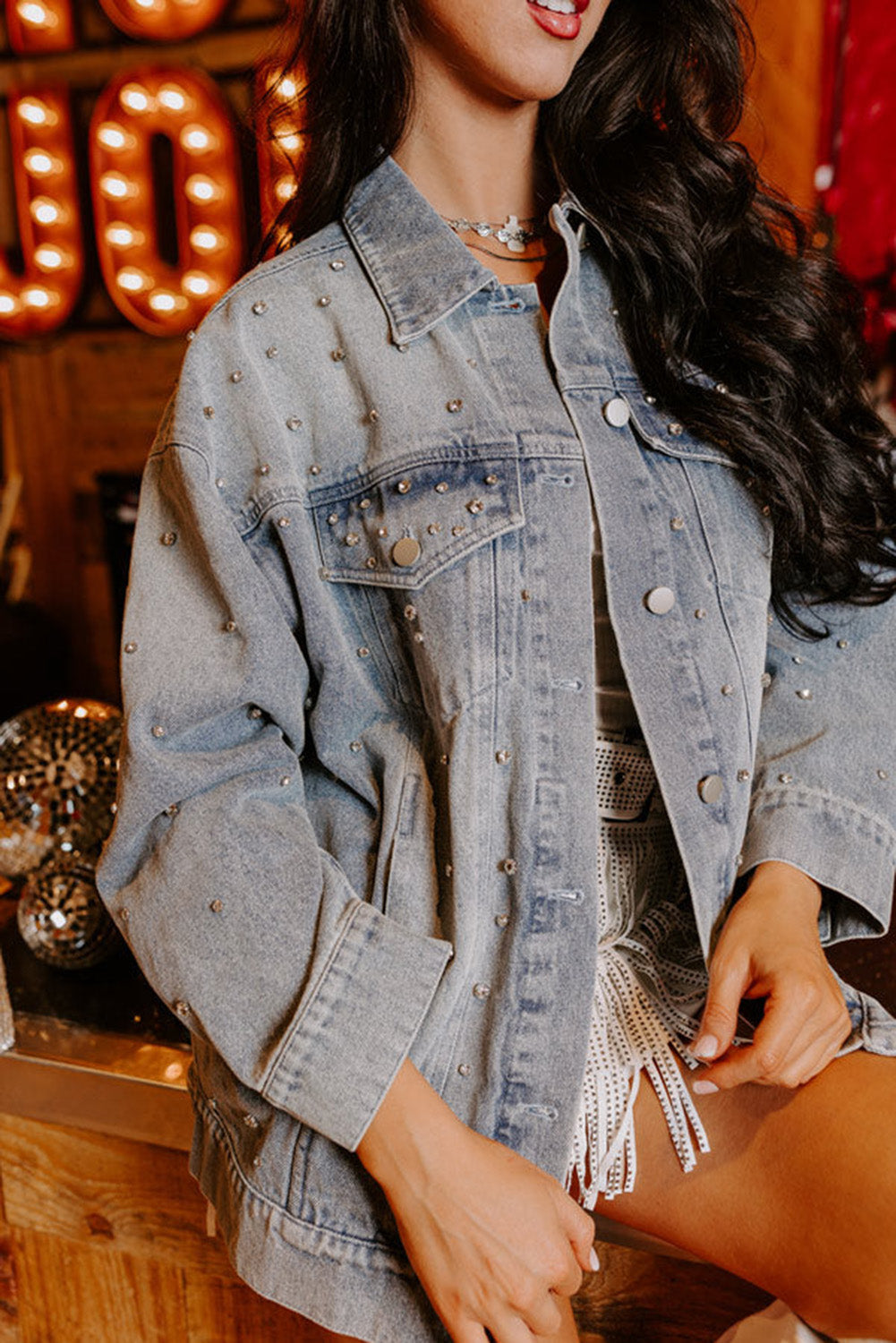 Long Sleeve Button-down Rhinestone Embellished Denim Jean Jacket