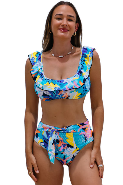 Two-piece Flutter Sleeve Floral Print Swimsuit