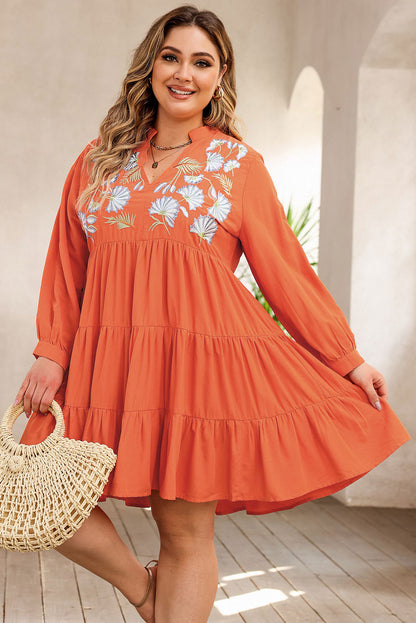 Long Sleeve Floral Embroidered Plus Size Above Knee Mini Dress