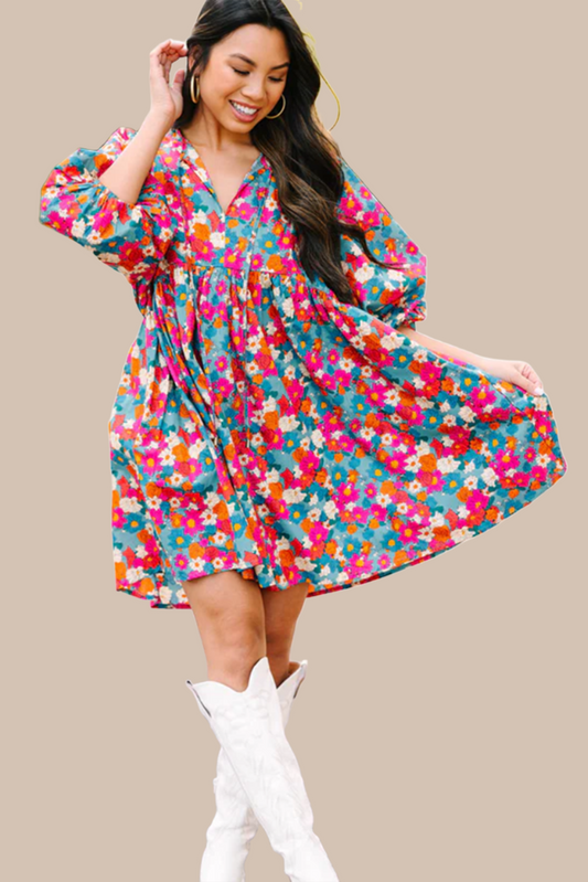 Half Sleeve V-neck Floral Print Mini Dress