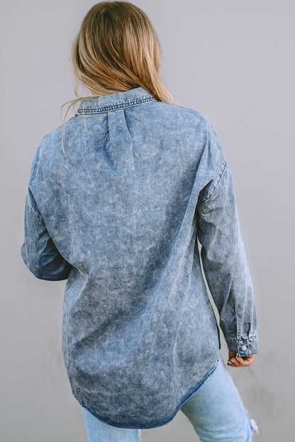 Long Sleeve Button-down Factory Faded Denim Blue Jen Shirt