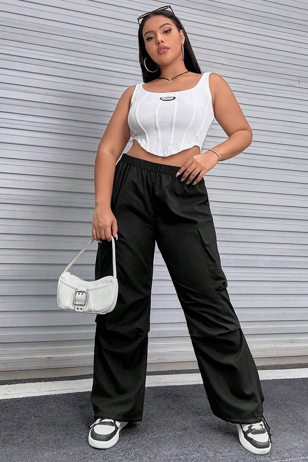 Black Plus Size Multi-pocket Elastic Waist Cargo Pants