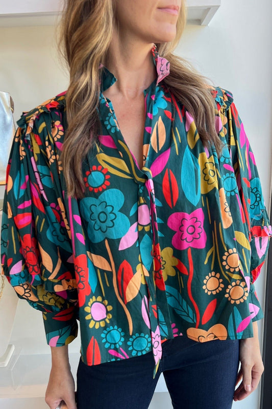 Long Sleeve Split V-neck Floral Print Top