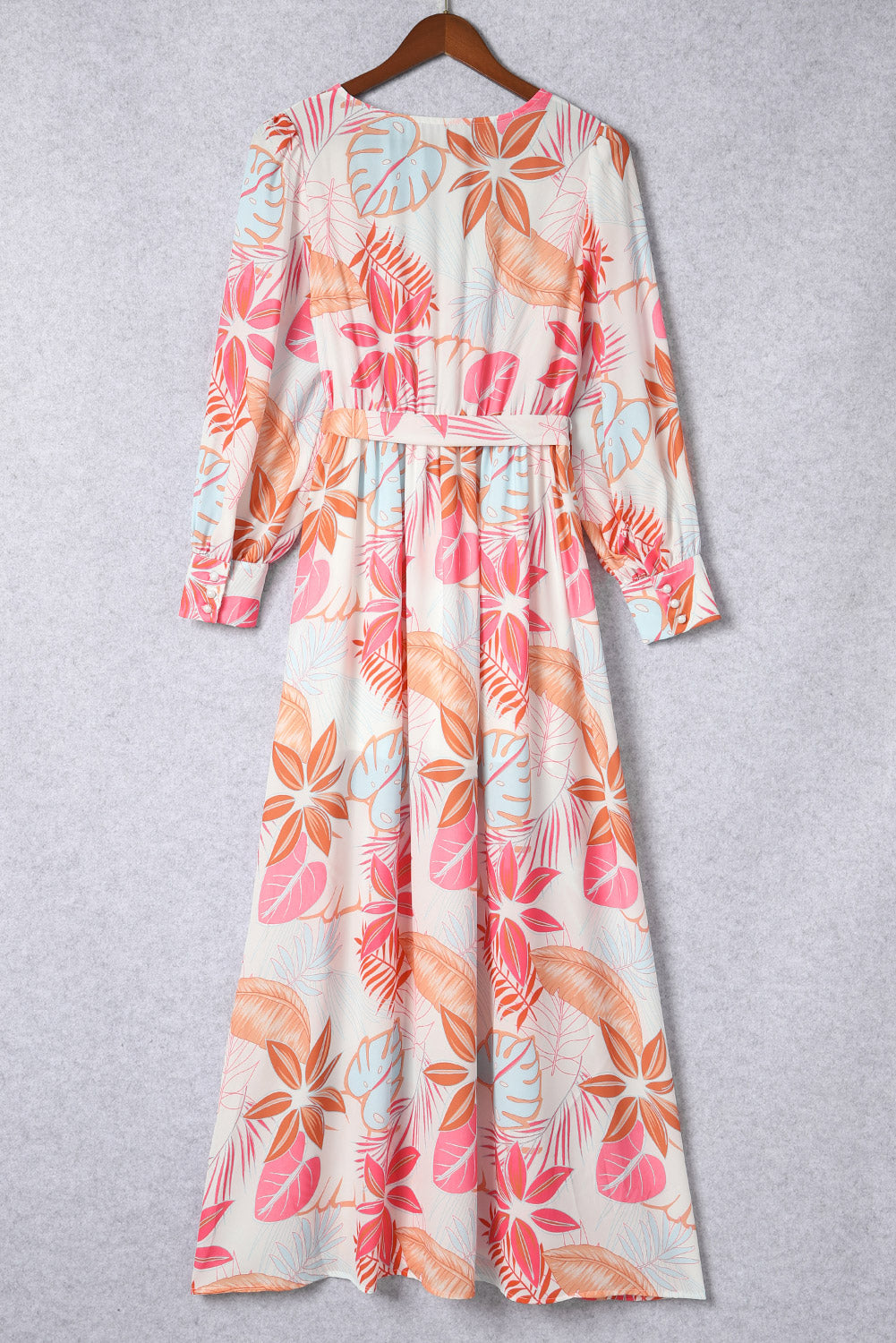 Long Sleeve Tropical Print Wrap V-Neck Maxi Dress