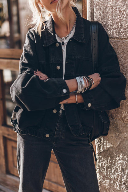 Long Sleeve Button-down Oversized Black Denim Jean Jacket