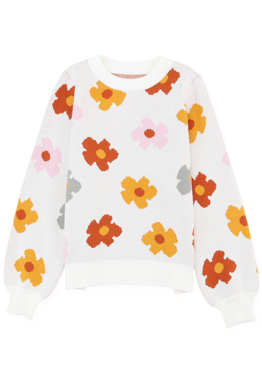 Crew Neck Relaxed Fit Sweater with Daisies