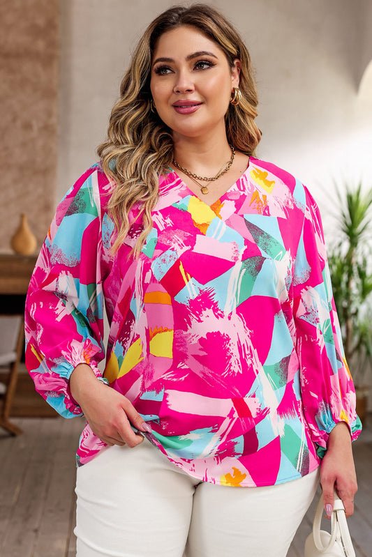 Long Sleeve Abstract Print V-neck Plus Size Top