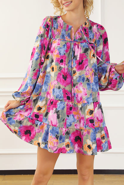 Long Sleeve V-neck Smocked Floral Print Mini Dress