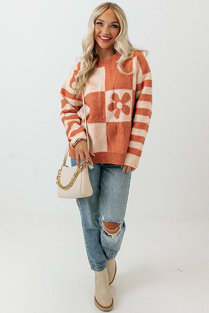 Long Sleeve Crew Neck Colorblock Sweater