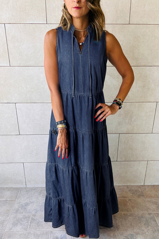 Sleeveless Chambray Cotton Denim Blue Jean Maxi Dress