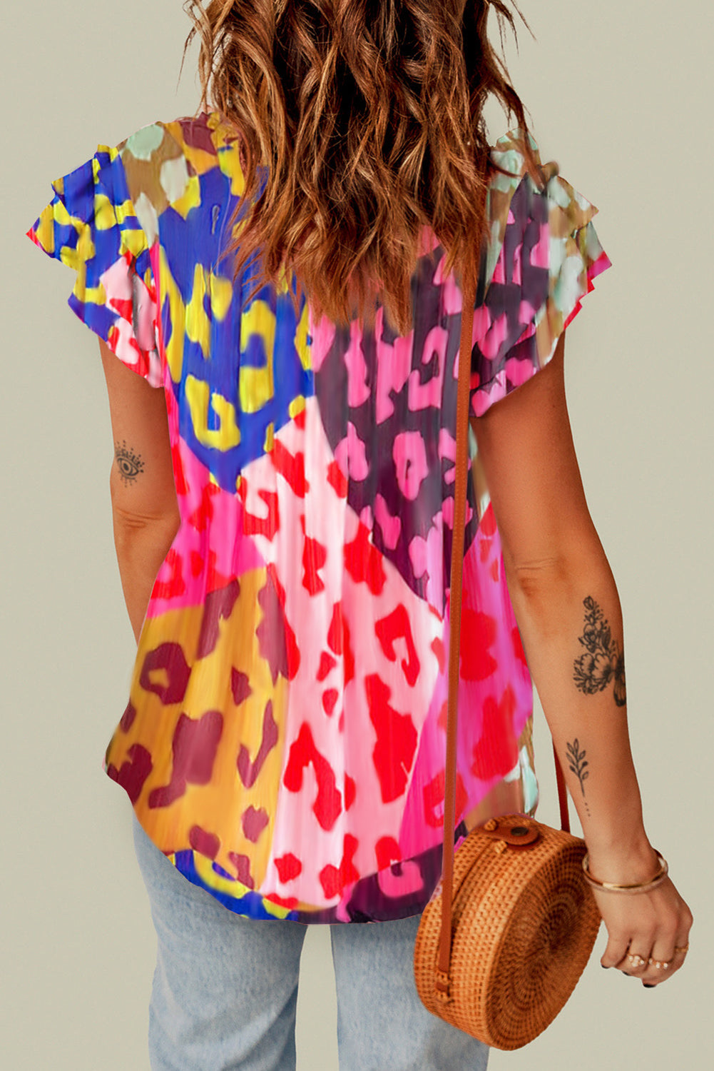 Flutter Sleeve V-Neck Colorblock Leopard Print Top