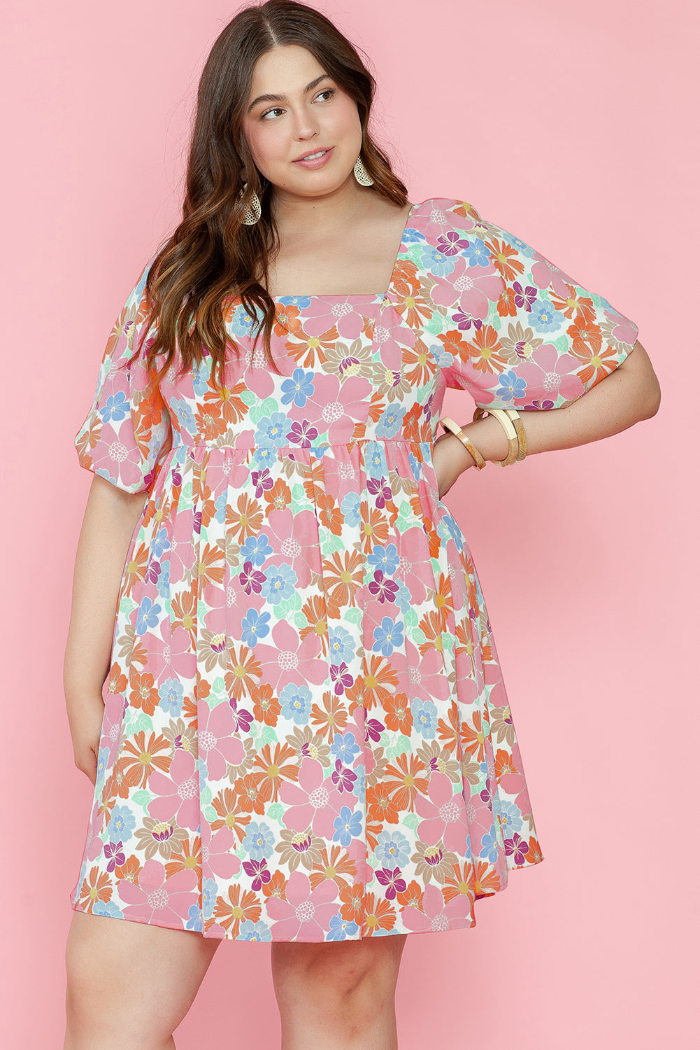 Short Sleeve Floral Print Plus Size Mini Dress