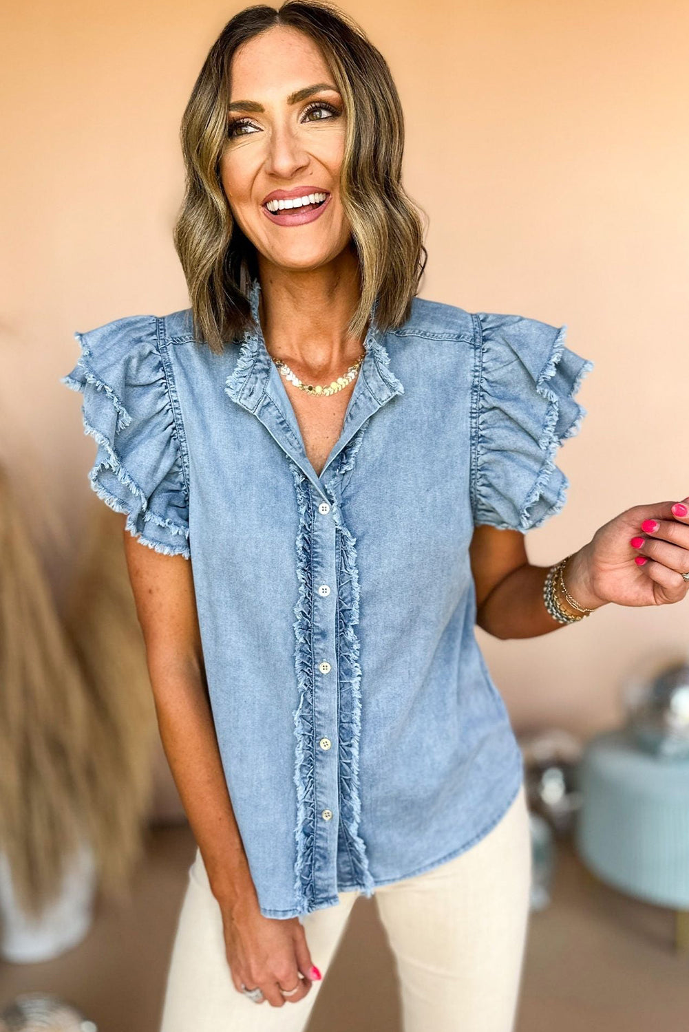 Flutter Sleeve Button-down Denim Shirt/Top