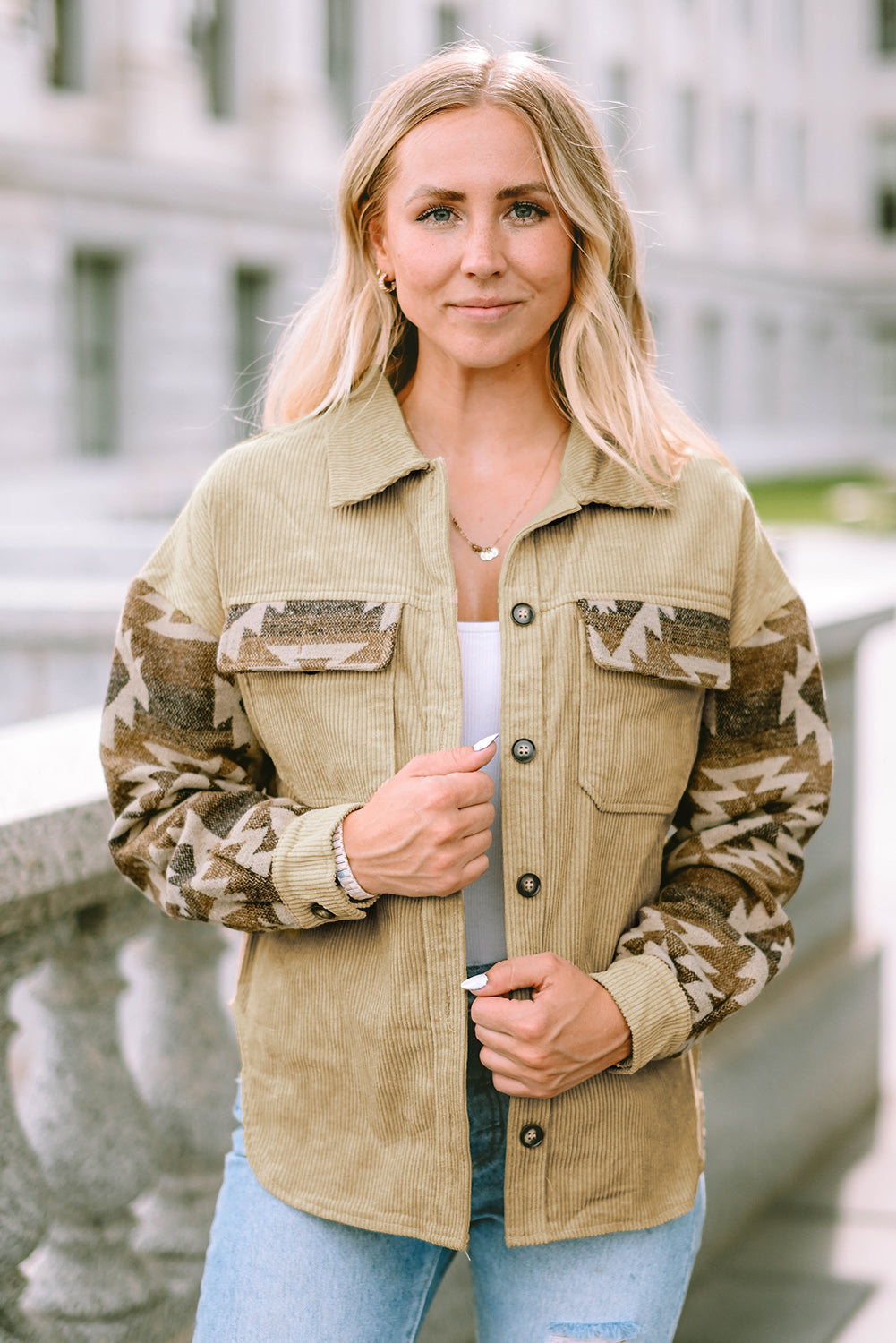 Long Sleeve Button-down Aztec Print Corduroy Jacket