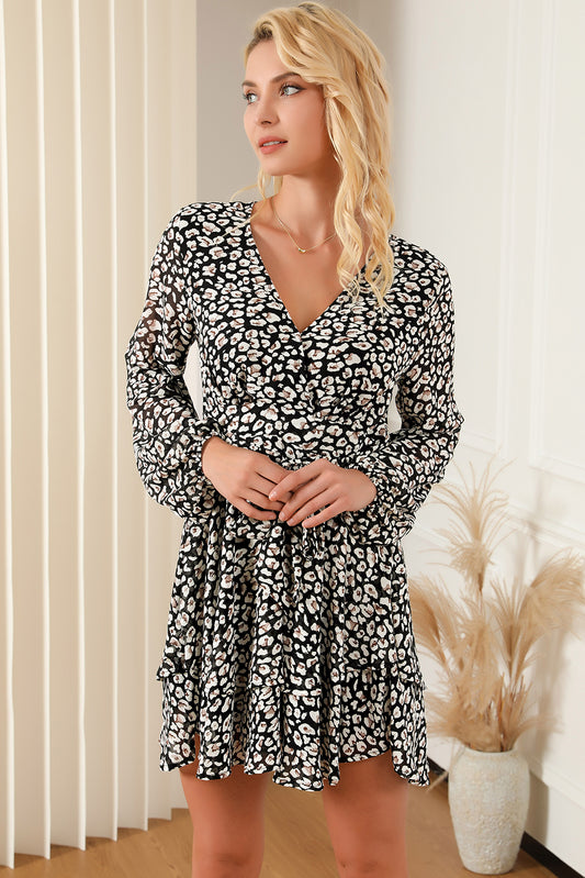 Long Sleeve V-neck Leopard Print Mini Dress