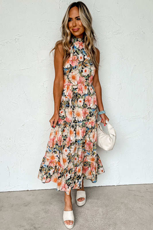 Sleeveless Floral Print Halter Style Maxi Dress