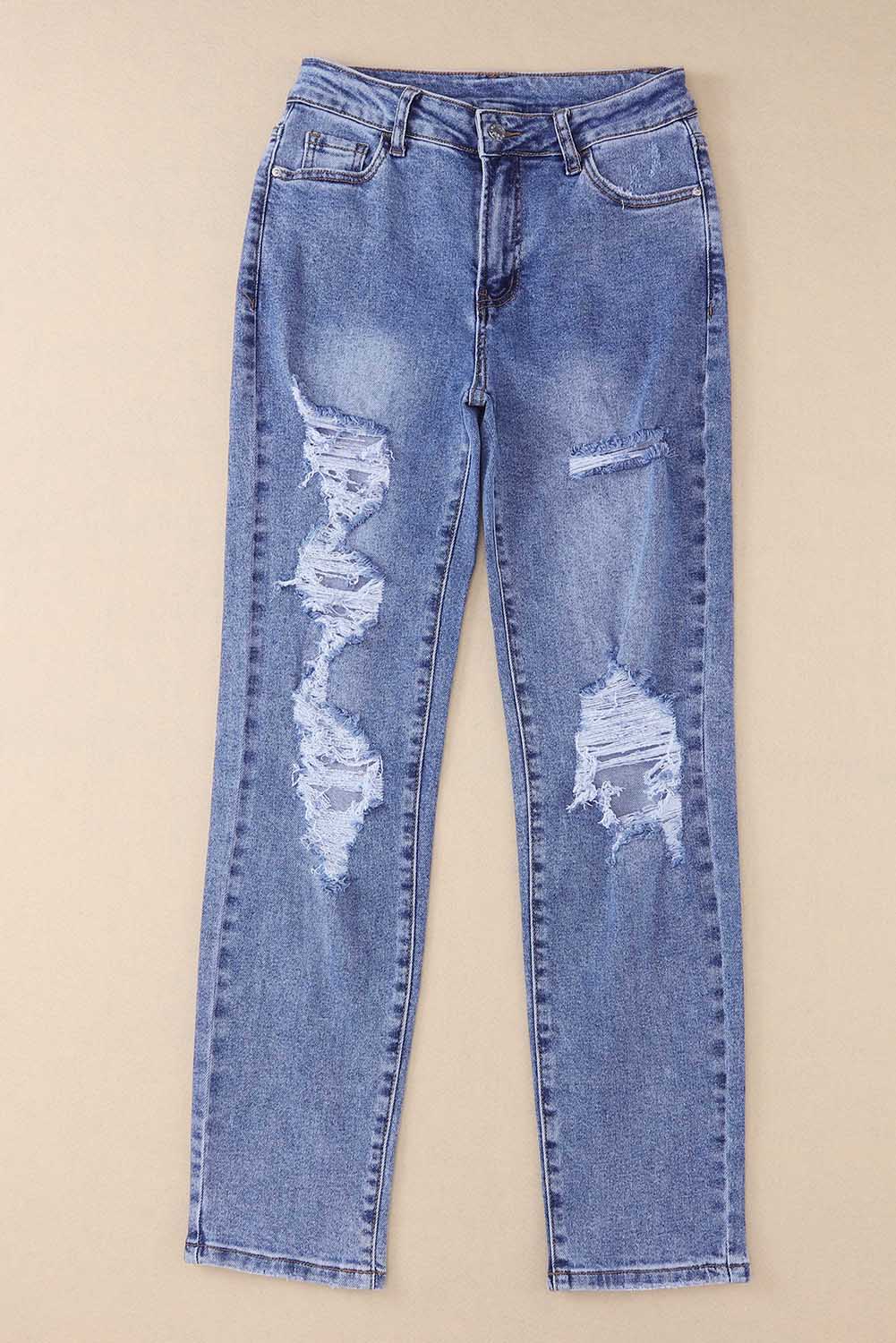 Mid-Rise Distressed Denim Blue Jeans