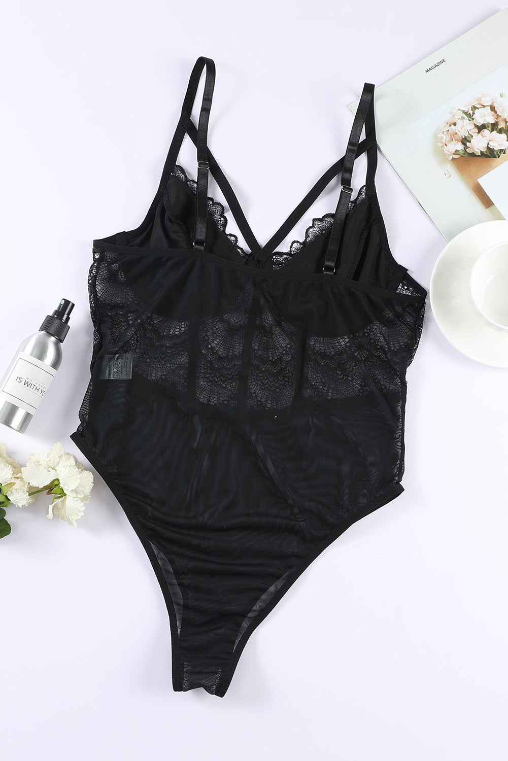 Black Allover Lace Sheer Black Bodysuit