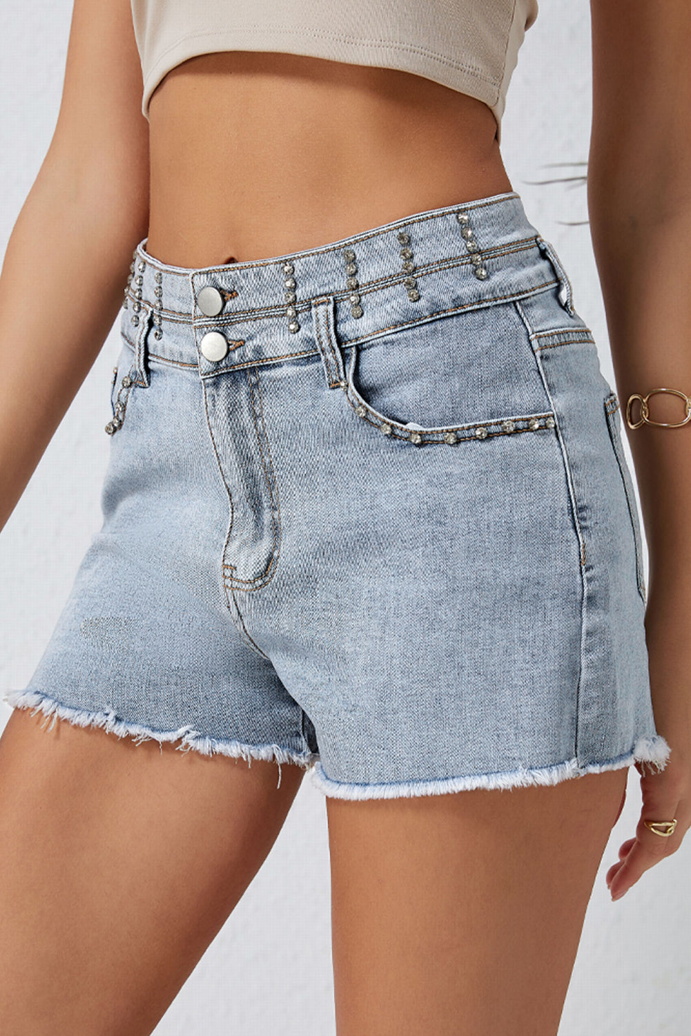 High Rise Rhinestone Embellished Denim Blue Jean Shorts