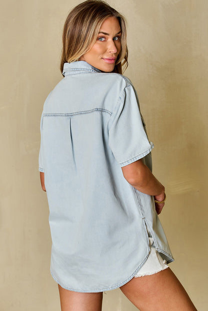 Half Sleeve Snap Front Chambray Denim Jean Shirt