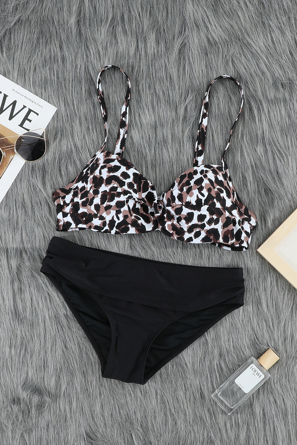 Two-Piece Black and Leopard Print Swimsuit